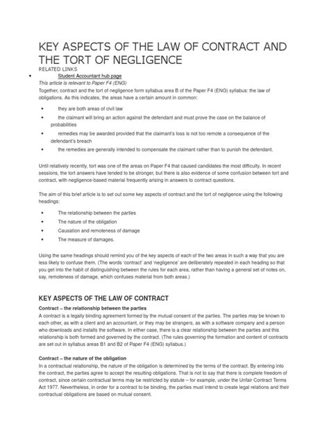 negligence in contracts resulting in their breach|Key aspects of the law of contract and the tort of negligence.